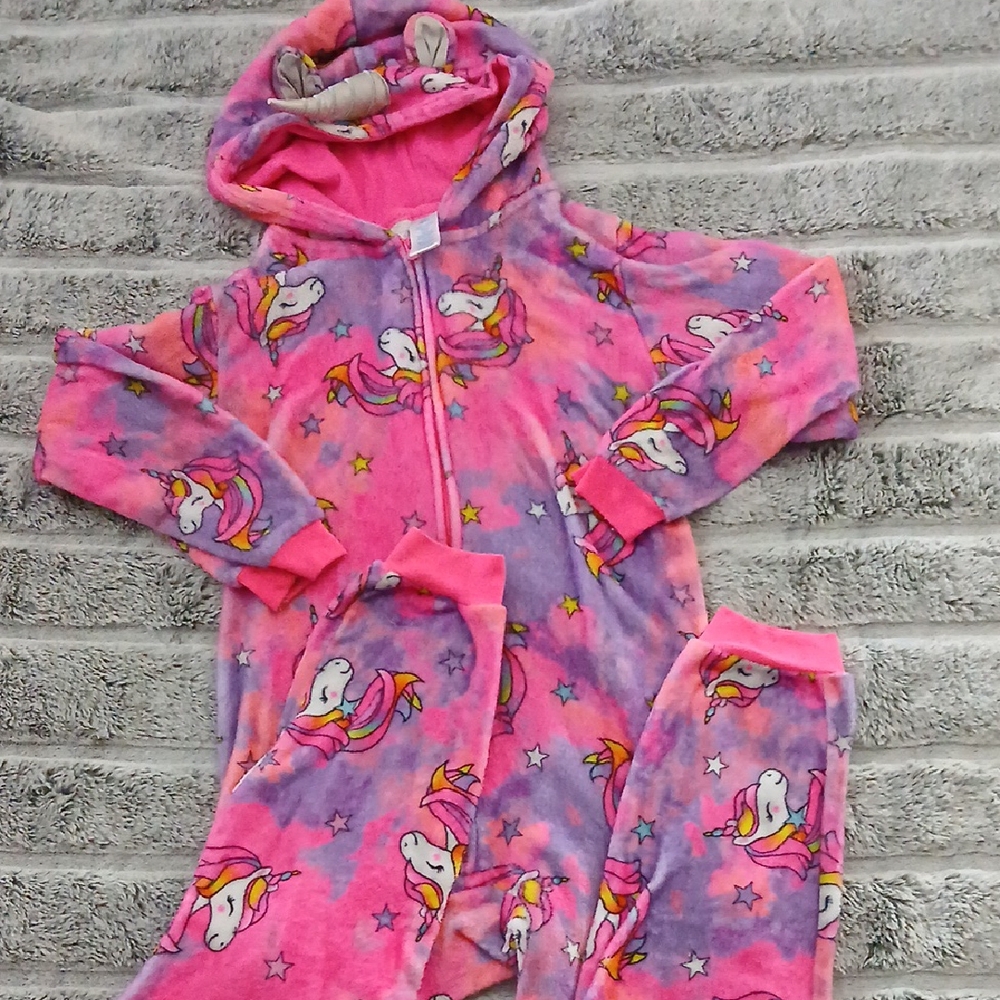 Unicorn Print Hooded Onesie - Pink and Purple